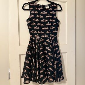 Black fit & flare dress with pink swans